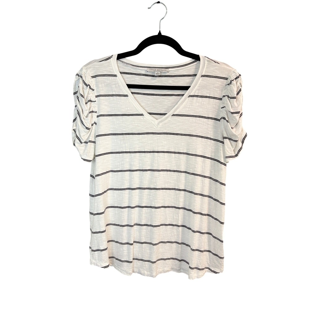 Green Envelope Striped V-Neck Ruched Short Sleeve Top White Black Large